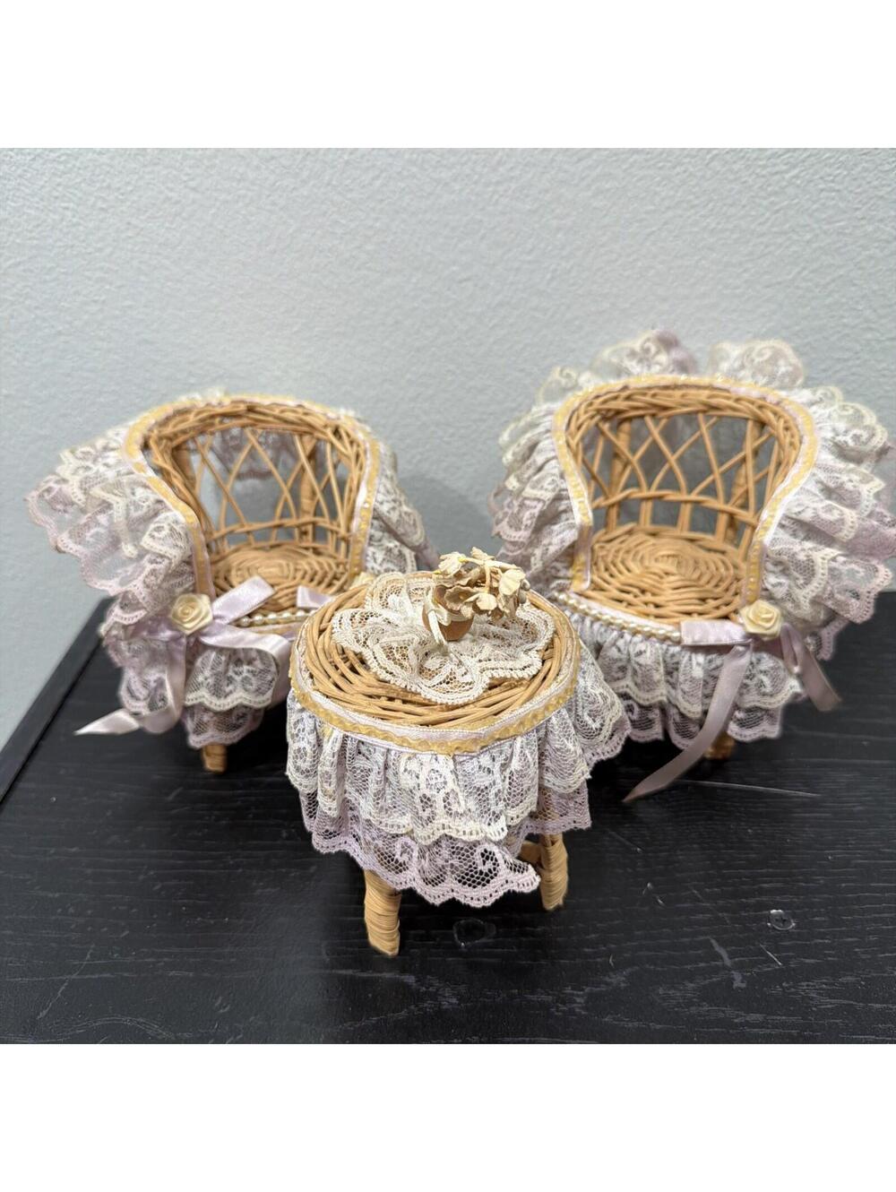 VTG RATTAN WICKER 3 Piece Doll Furniture Set Dollhouse - Brown